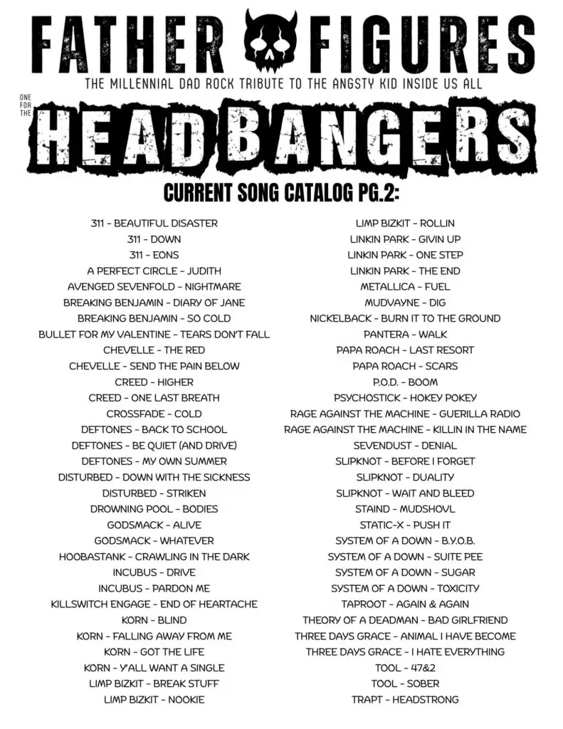 Catalog Pg.2 — Headbangers 311 – Beautiful Disaster 311 – Down 311 – Eons A Perfect Circle – Judith Avenged Sevenfold – Nightmare Breaking Benjamin – Diary Of Jane Breaking Benjamin – So Cold Bullet For My Valentine – Tears Don't Fall Chevelle – The Red Chevelle – Send The Pain Below Creed – Higher Creed – One Last Breath Crossfade – Cold Deftones – Back To School Deftones – Be Quiet (And Drive) Deftones – My Own Summer Disturbed – Down With The Sickness Disturbed – Striken Drowning Pool – Bodies Godsmack – Alive Godsmack – Whatever Hoobastank – Crawling In The Dark Incubus – Drive Incubus – Pardon Me Killswitch Engage – End Of Heartache Korn – Blind Korn – Falling Away From Me Korn – Got The Life Korn – Y'all Want A Single Limp Bizkit – Break Stuff Limp Bizkit – Nookie Limp Bizkit – Rollin Linkin Park – Givin Up Linkin Park – One Step Linkin Park – The End Metallica – Fuel Mudvayne – Dig Nickelback – Burn It To The Ground Pantera – Walk Papa Roach – Last Resort Papa Roach – Scars P.O.D. – Boom Psychostick – Hokey Pokey Rage Against The Machine – Guerilla Radio Rage Against The Machine – Killing In The Name Sevendust – Denial Slipknot – Before I Forget Slipknot – Duality Slipknot – Wait And Bleed Staind – Mudshovl Static-X – Push It System Of A Down – B.Y.O.B. System Of A Down – Suite Pee System Of A Down – Sugar System Of A Down – Toxicity Taproot – Again & Again Theory Of A Deadman – Bad Girlfriend Three Days Grace – Animal I Have Become Three Days Grace – I Hate Everything Tool – 47&2 Tool – Sober Trapt – Headstrong